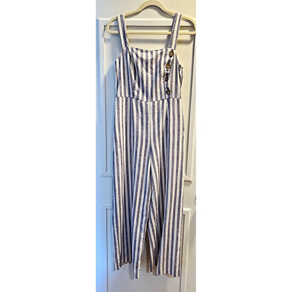 Kingston Grey Women’s M Blue White Striped Linen Blend Wide-Leg Jumpsuit 34x28